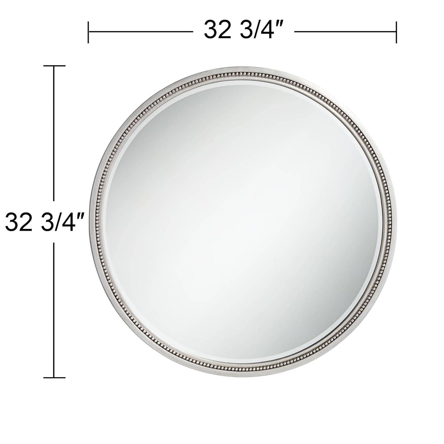 Noble Park Lorraine Round Vanity Decorative Wall Mirror Modern Beveled Beaded Trim Silver Wood Frame 32 3/4" Wide for Bathroom Bedroom Living Room