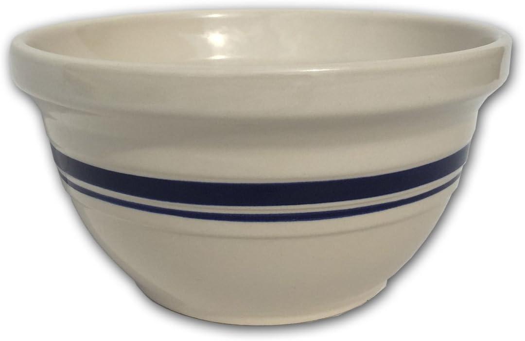 Ohio Stoneware Dominion Mixing Bowl, Stoneware with Food Safe Glaze, Tan with Blue Stripe, 8 inches