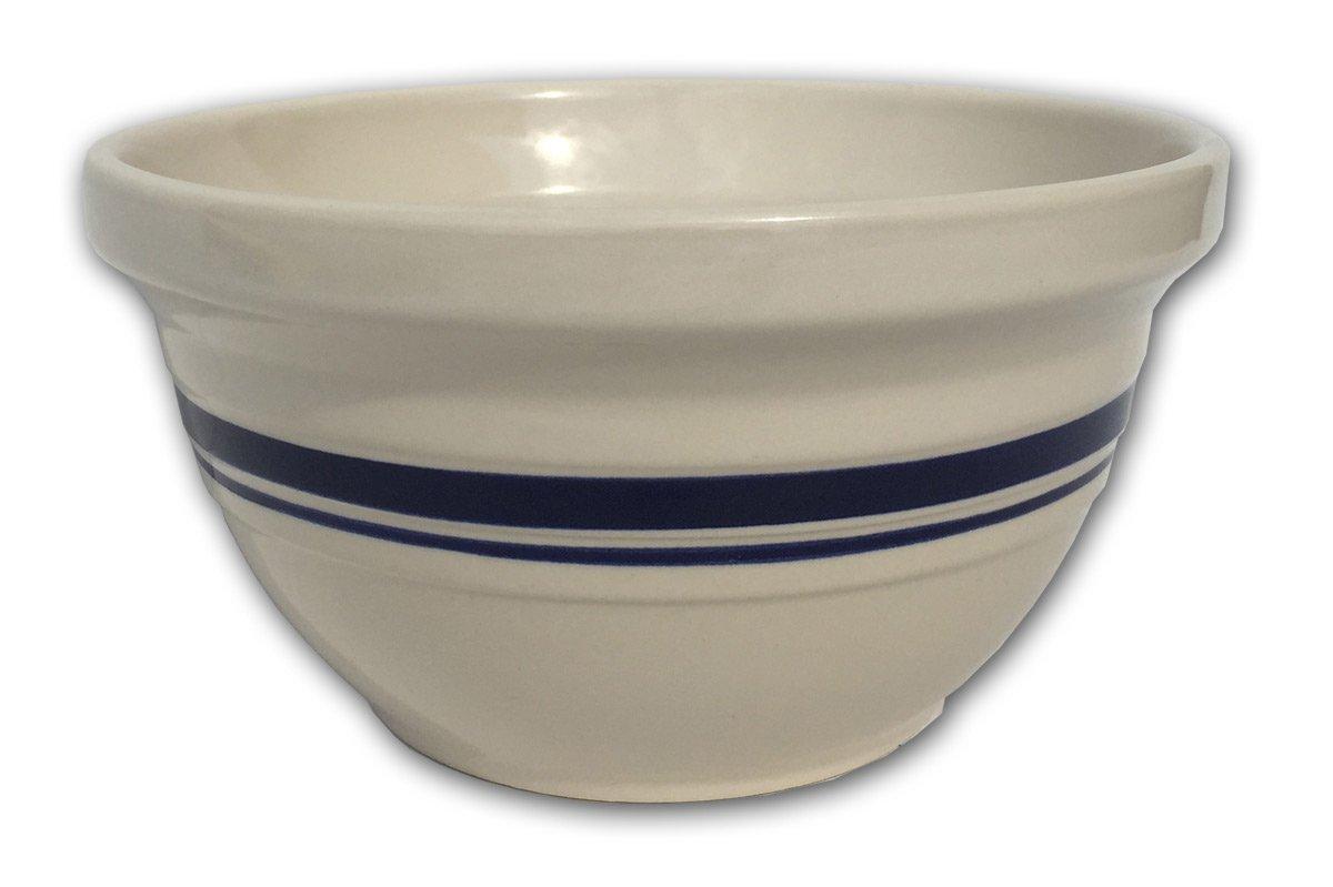 Ohio Stoneware Dominion Mixing Bowl, Stoneware with Food Safe Glaze, Tan with Blue Stripe, 12 inches