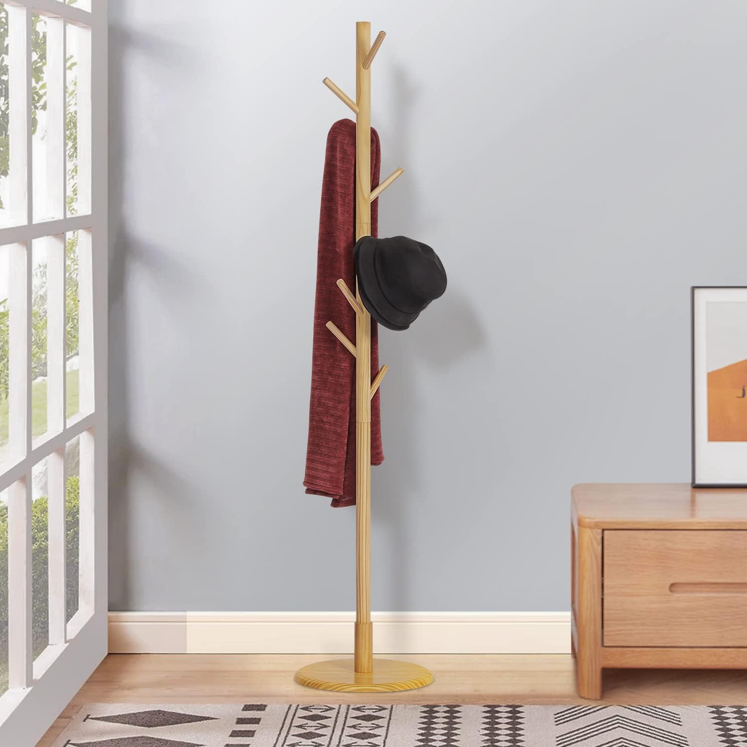 Natural Polished Wood Freestanding Coat Rack with Umbrella Stand