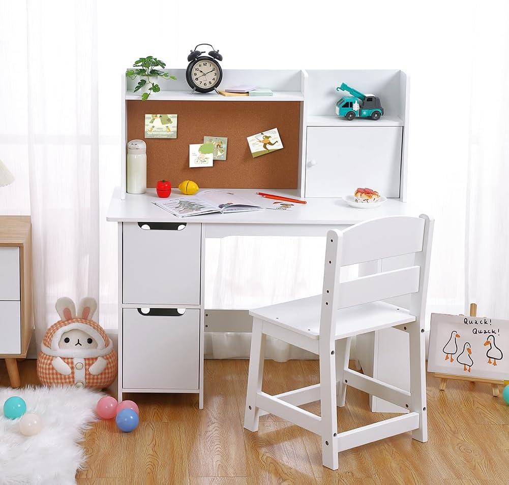 Soonbuy Kids Desk, Wooden Study Desk and Chair Set for Children, Writing Desk with Storage for 3-8 Yrs Boys Girls,White