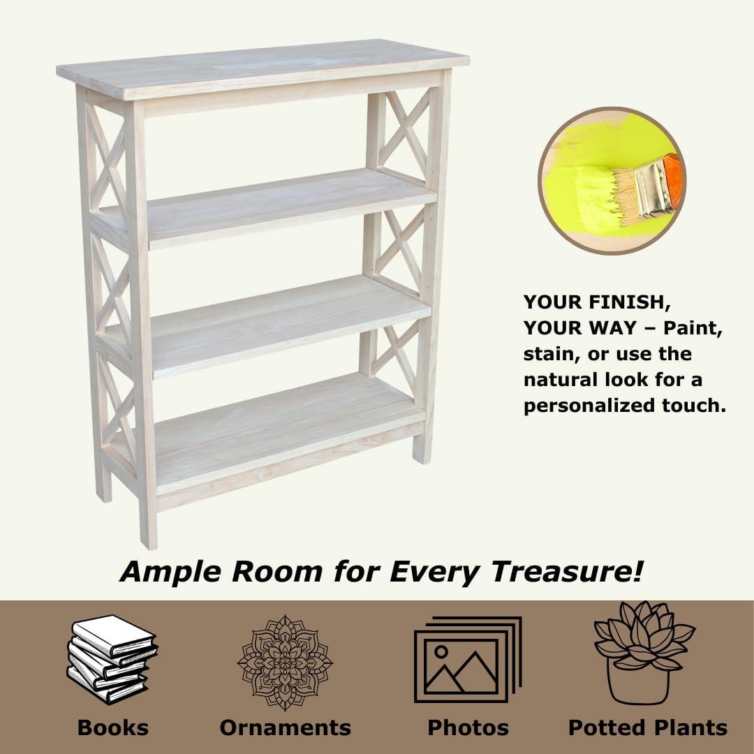 36" 3 Tier X-Sided Bookcase - International Concepts: Mid-Century Modern Style, Unfinished Hardwood, Metal Hardware