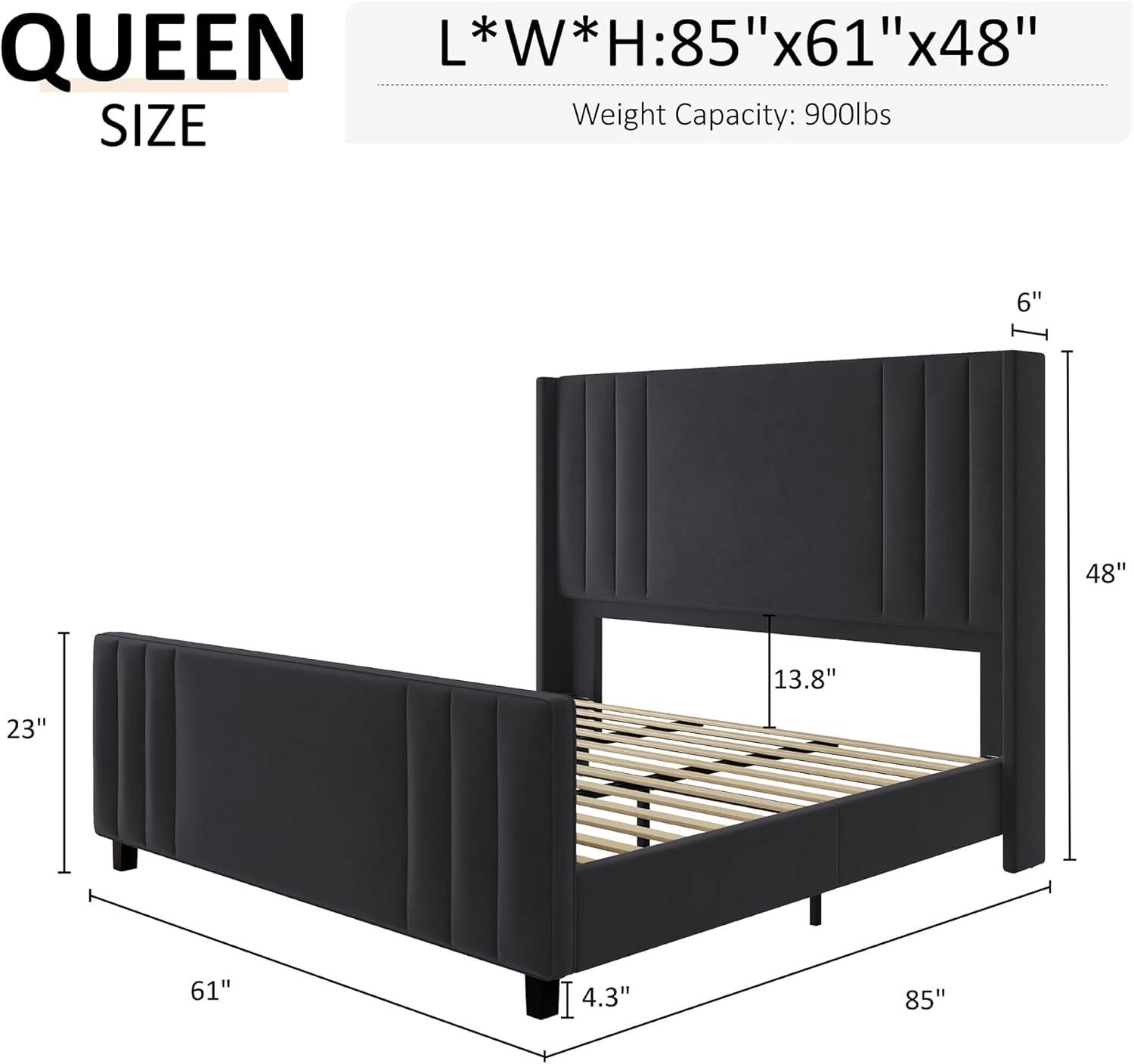 VANACC Queen Bed Frame, Velvet Upholstered Bed with Channel Tufted Headboard/Footboard Black