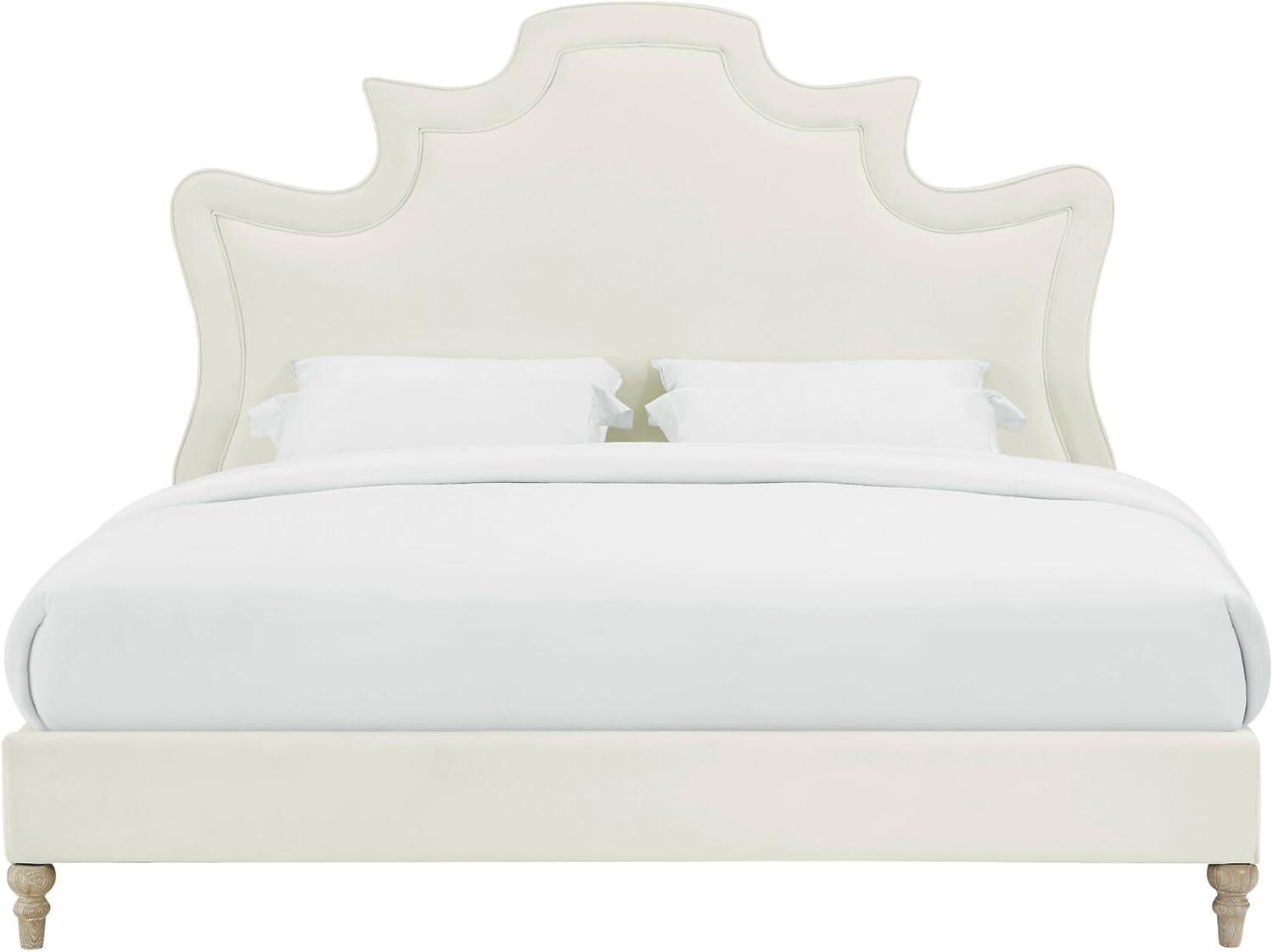 Elegant Cream Velvet Upholstered Queen Platform Bed with Tufted Headboard