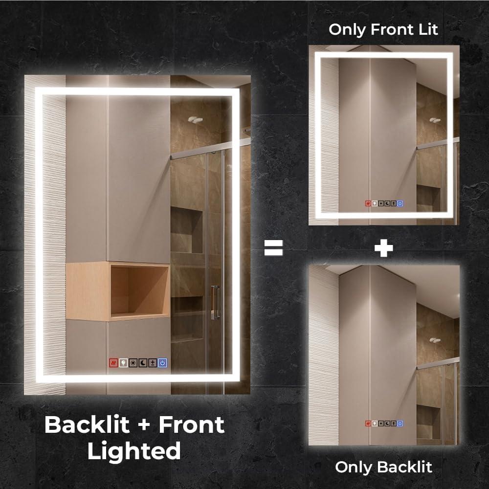 20"x30" inches LED Dimmable Bathroom Mirror Rectangle LED Lighted Wall Mounted Mirror for Vanity Room with Touch Button and Anti-Fog Function by Fab Glass and Mirror