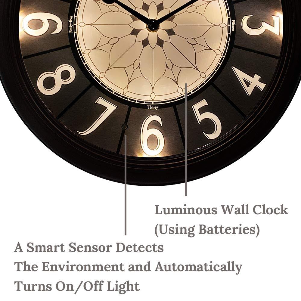 Presentime & Co. 12.6" Illuminated Farmhouse Wall Clock, Silent Battery Operated Night Light Wall Clock with Smart LED Sensor for Living Room, Bathroom, Kitchen, Home Office, Oil Rubbed Bronze Finish