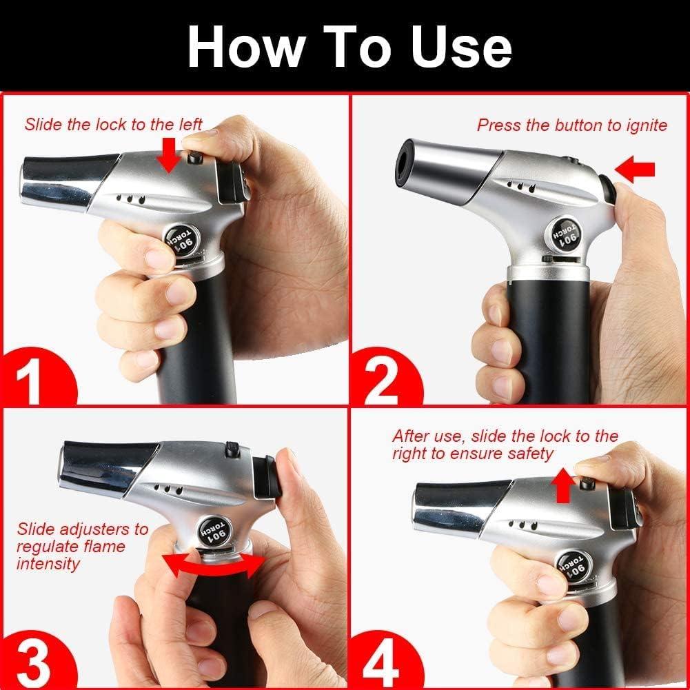 Blow Torch, Professional Kitchen Cooking Torch with Safety Lock Adjustable Flame Refillable Mini Blow Torch Lighter for Crafts Cooking BBQ Baking Brulee Creme DIY Soldering