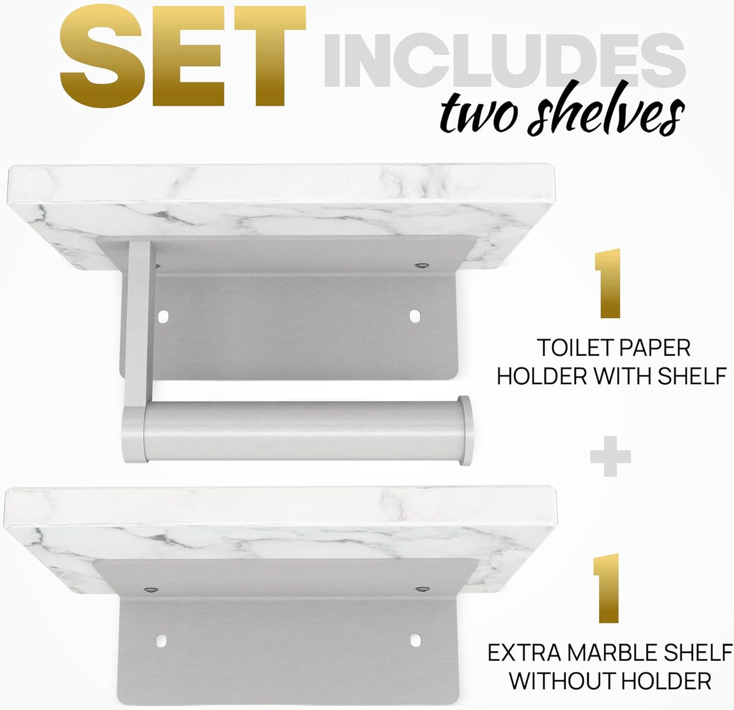 Shelve Toilet Paper Holder with Natural Double Marble Shelf, Screw Wall Mounted, Tissue Roll Holder