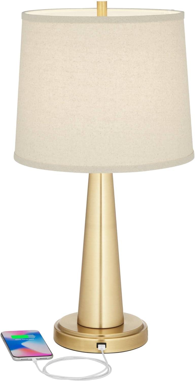 360 Lighting Modern Table Lamps 25" High Set of 2 with USB Charging Port Brass Metal Beige Drum Shade for Bedroom Living Room House Desk Bedside Home