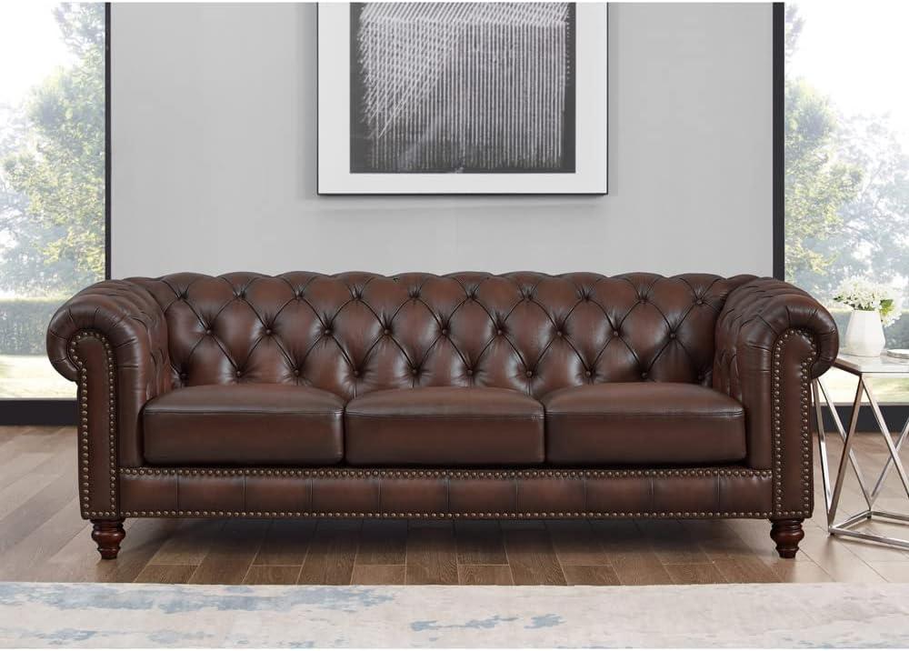 Caramel Brown Leather Chesterfield Sofa with Nailhead Trim