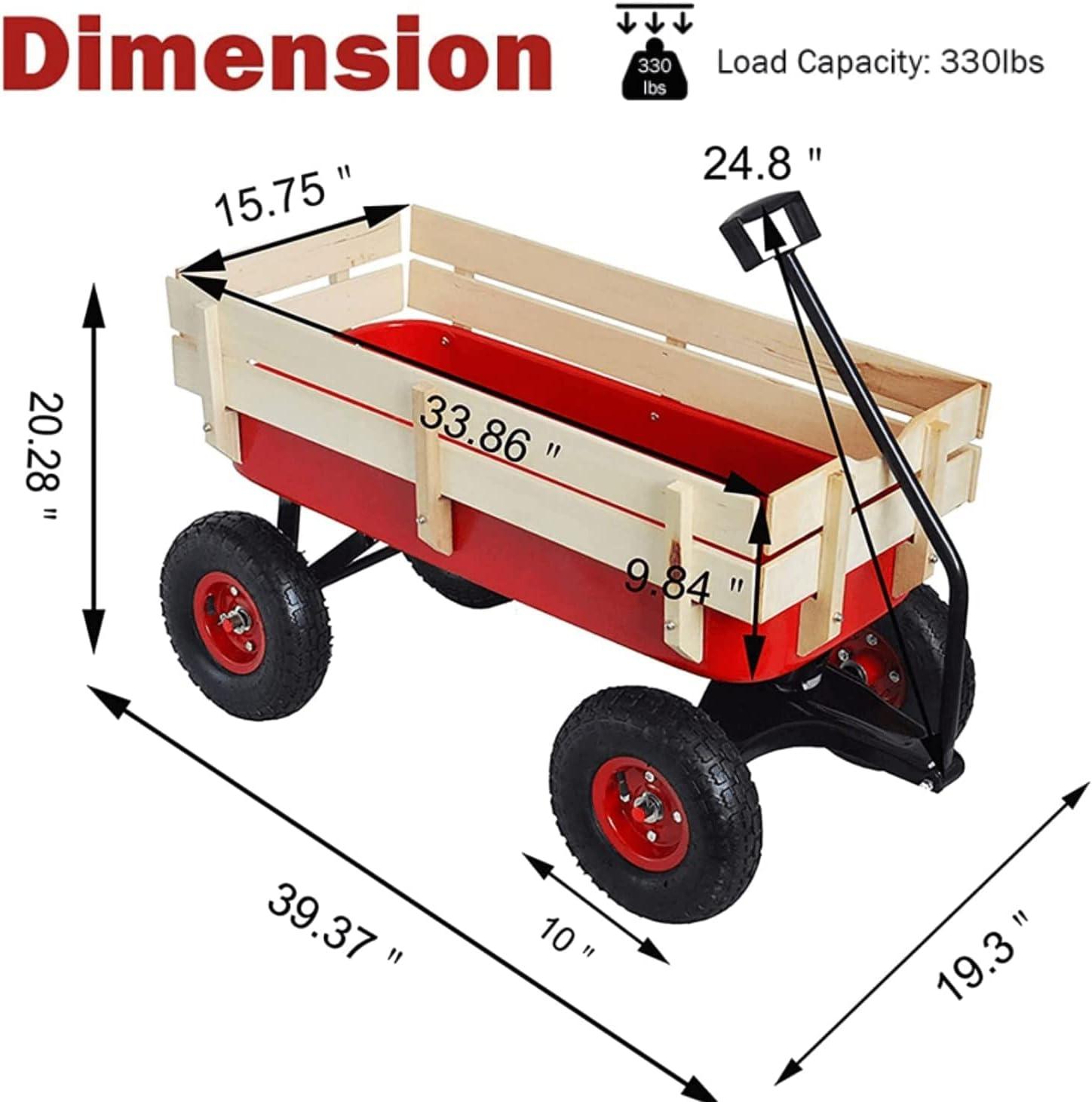 All Terrain Wagons for Kids Wagon with Removable Wooden Side Panels, Garden Wagon with Steel Wagon Bed, Folding Wagons for Kids/ Pets with Pneumatic Tires, Red