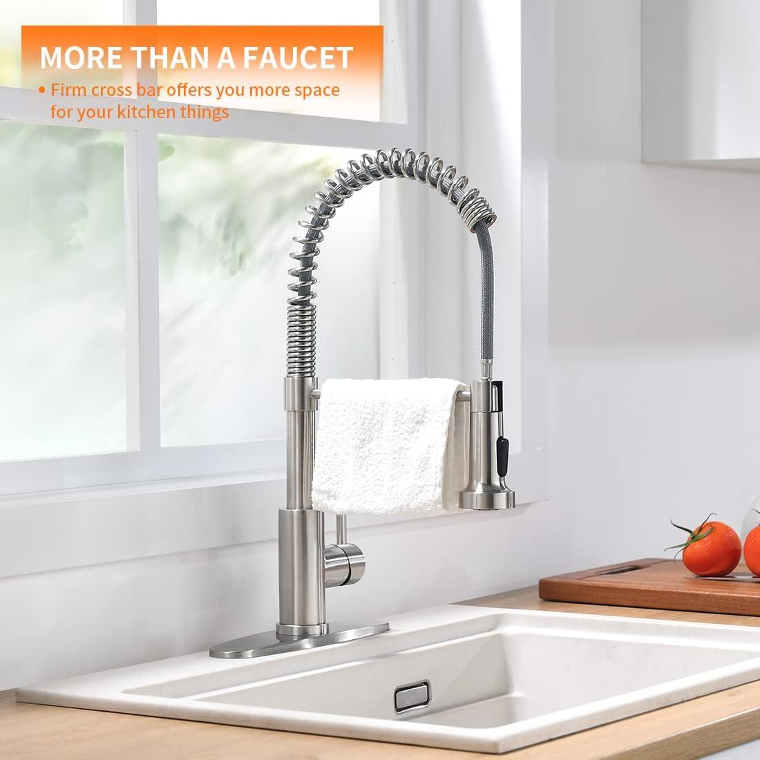 Besdor Kitchen Faucet with Pull Down Sprayer, Spring Single Handle Faucet for Kitchen Sink, Two Function Sprayer, 360-degree Rotation, with Deck Plate, 304 Food Grade Stainless Steel, Brushed Nickel