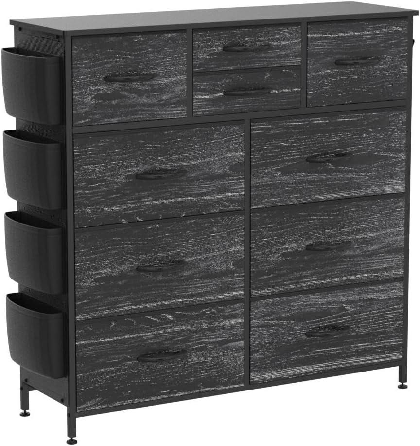 Black Wood Grain Tall Dresser with 10 Drawers and Side Pockets