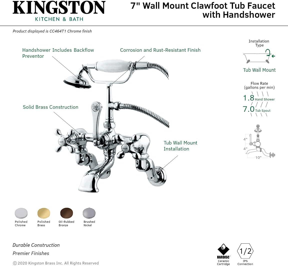Chrome Triple Handle Wall Mounted Clawfoot Tub Filler with Hand Shower