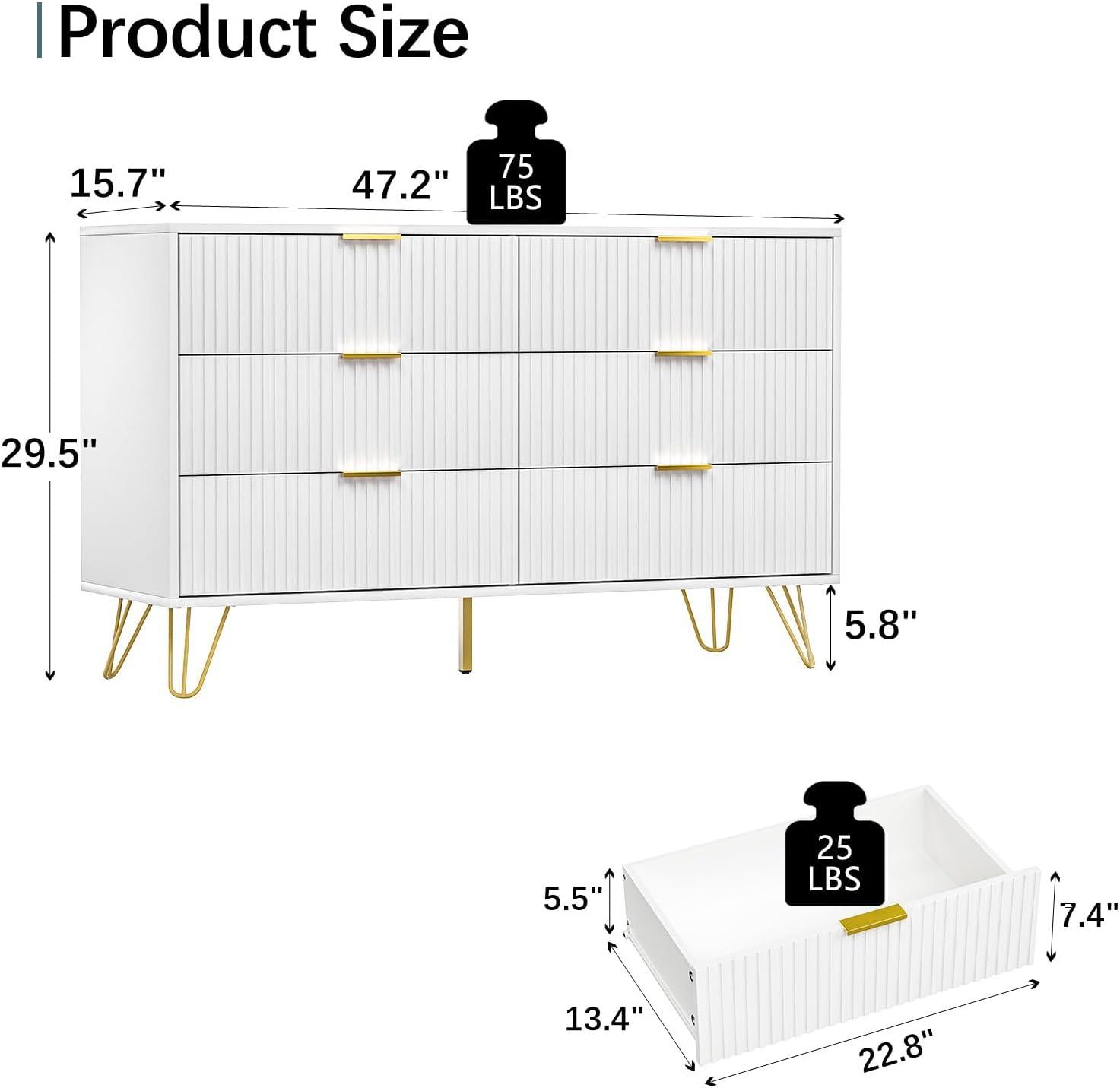 White Fluted 6-Drawer Dresser with Gold Handles