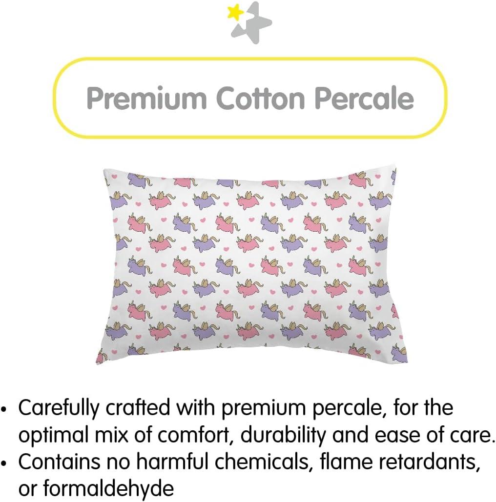 BreathableBaby Cotton Percale Pillowcase, For 13" x 18"/33 x 46 cm Toddler Pillow, Unicorns (2-Pack)