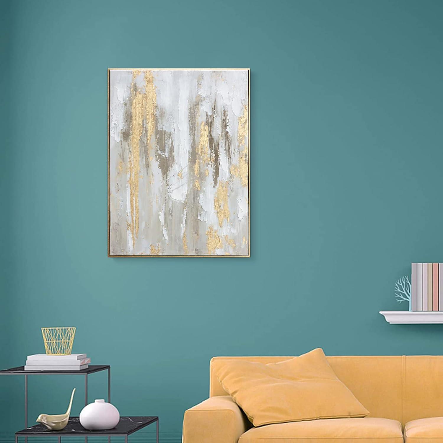 Gold Abstract Wall Art Decor - Framed Texture Paintings Modern Canvas Artwork with Hand-Painted Gold Foil for Modern Style Decor, Ready to Hang