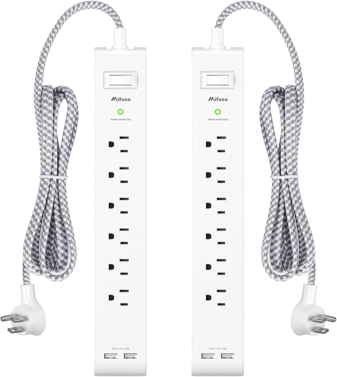 2 Pack Power Strip - 12FT Long Extension Cord, Surge Protector with 6 Outlets and 2 USB Charging Ports, Flat Plug Overload Protection, (1625W/13A/900J), Wall Mount for Home Office and Dorm, ETL Liste