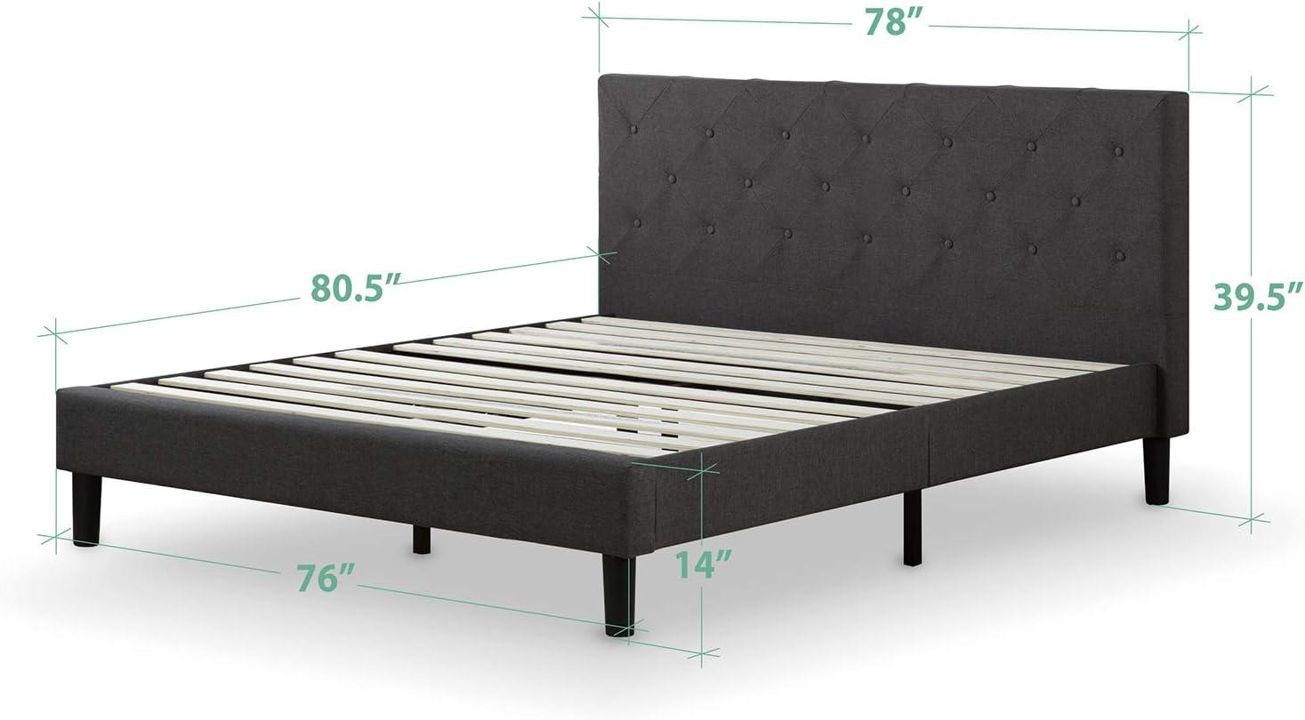 King Dark Grey Tufted Upholstered Platform Bed with Pine Slats