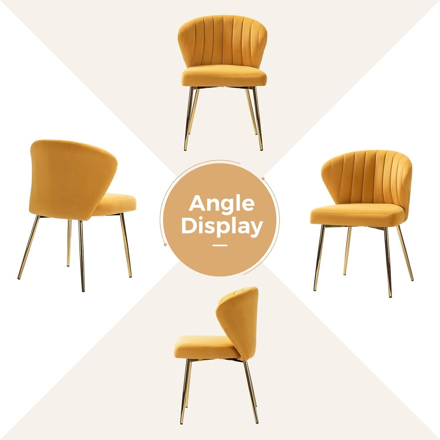 HULALA HOME Velvet Dining Chairs, Modern Small Armless Accent Chair with Gold Metal Legs, Living Room Upholstered Cute Side Chair, Elegant Tufted Back Vanity Chair for Bedroom/Beauty Room-Mustard