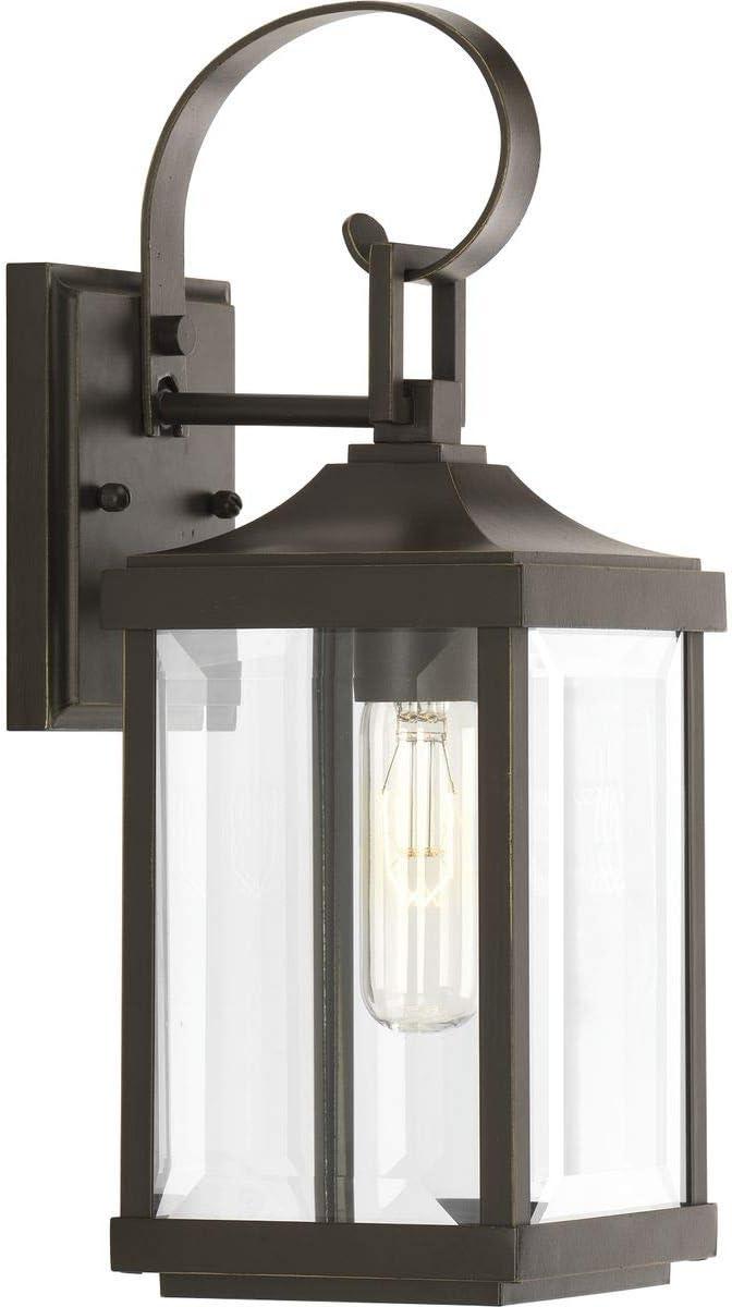 Progress Lighting, Gibbes Street, 1-Light Wall Lantern, Antique Bronze, Clear Beveled Glass.