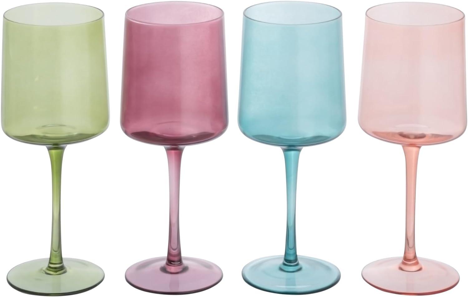 Creative Co-Op Hand Blown Stemmed Wine Glasses, 14 Ounces, 4 Assorted Colors