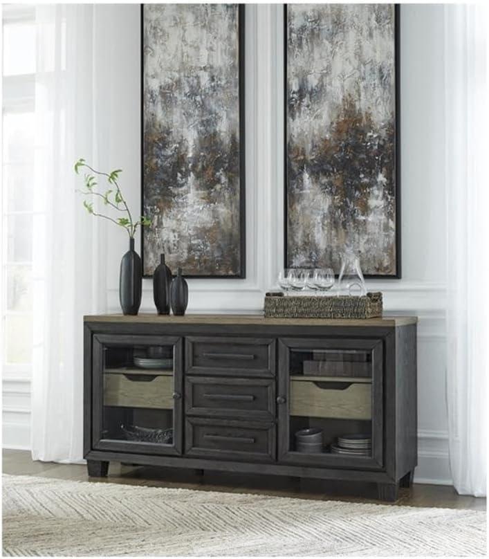 Grayish Brown and Black Wood Dining Server with Soft-Close Drawers