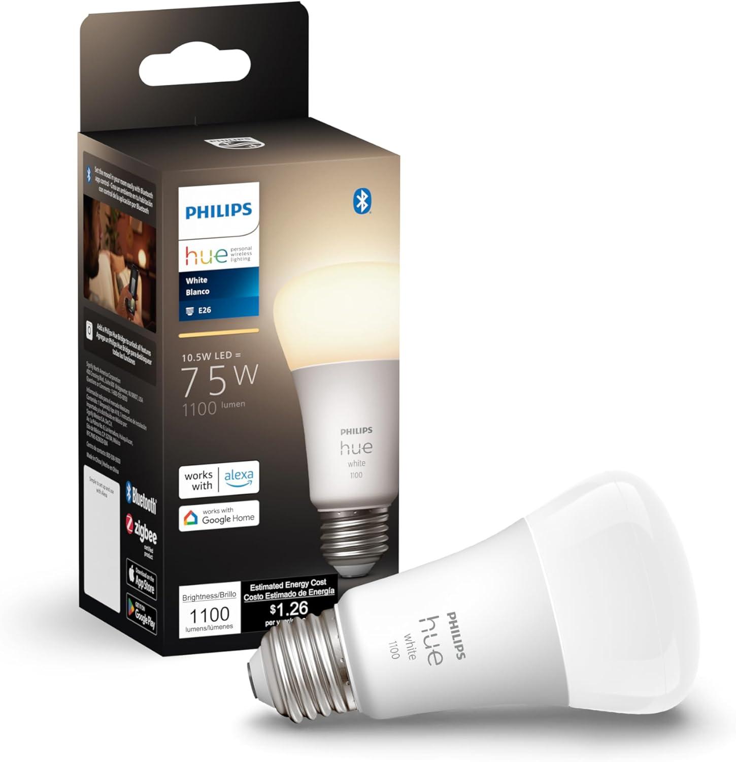 Philips Hue A19 75W Smart LED Bulb White: Dimmable, Smartphone Controlled, 1100 Lumens, Energy Star Certified