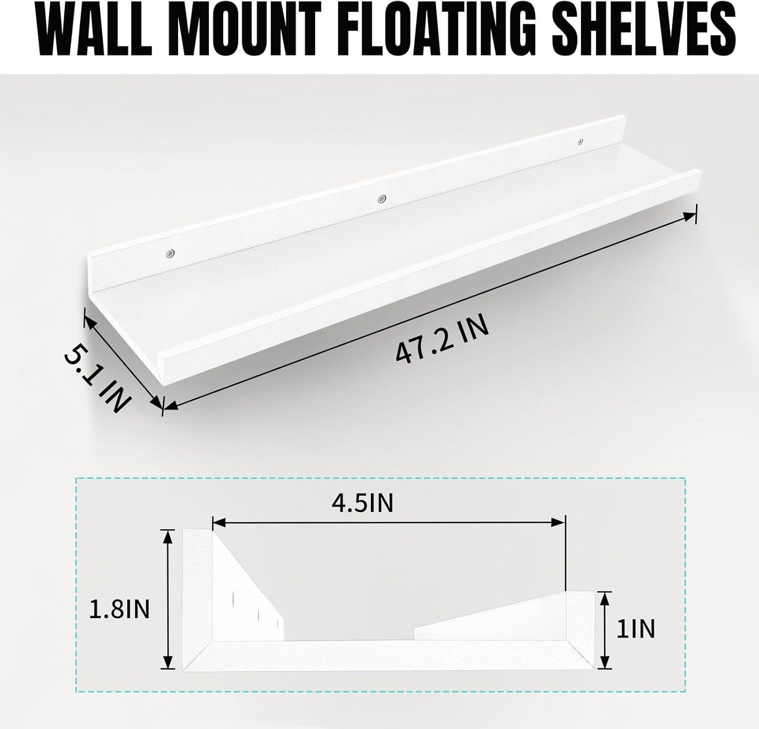 Floating Shelves for Wall Storage Set of 4, 48 Inch Picture Ledge Shelf, White Wall Shelves with Lip for Kitchen, Bedroom, Bathroom, and Living Room