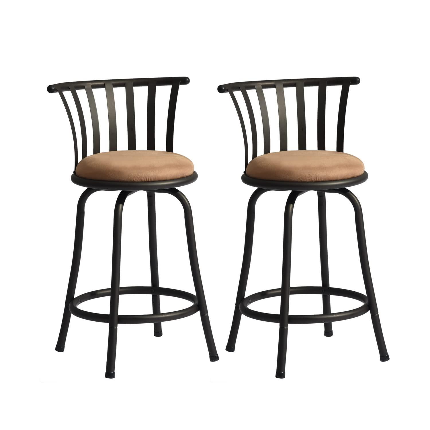 FurnitureR Brown Velvet 24'' Counter Stool Swivel High Back Barstools(Set of 2)