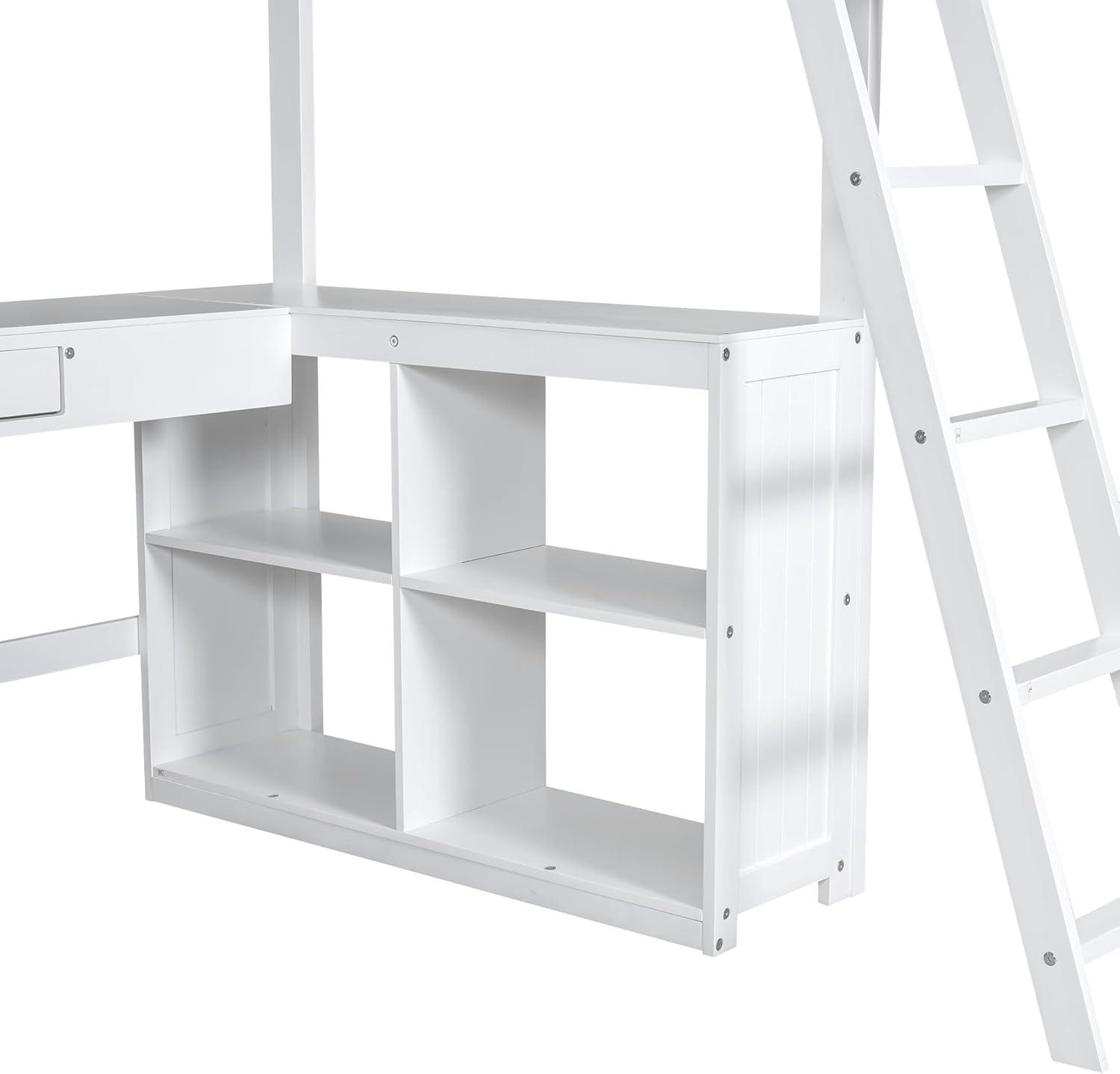 Bellemave Twin Size Loft Bed with U-shaped Desk,Wood Loft Bed Frame for Kids Teens with Drawers and Storage Shelves,No Box Spring Needed(White)