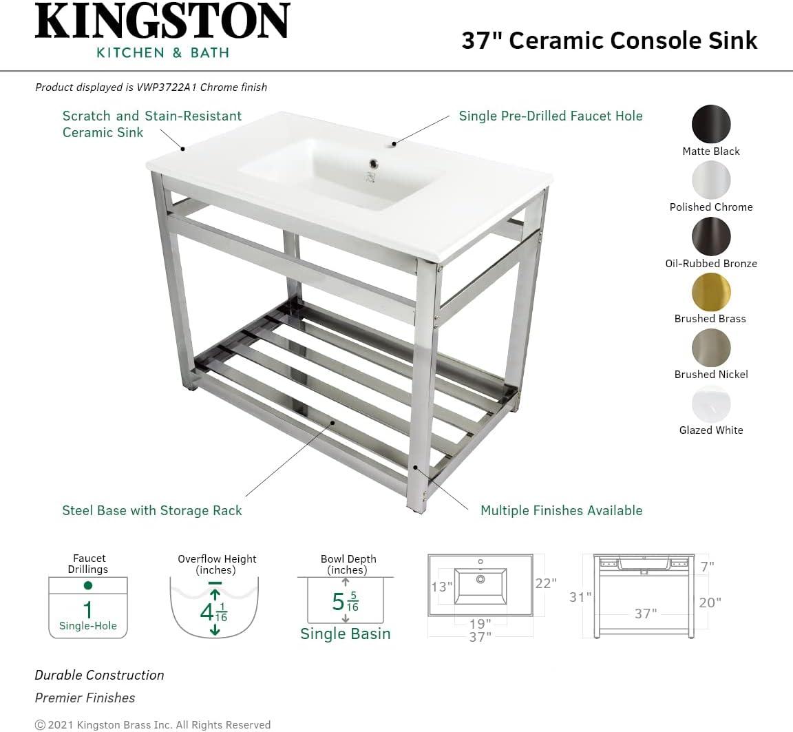 Kingston Brass Quadras 37-Inch Ceramic Console Sink with Steel Base and Shelf (1-Hole)