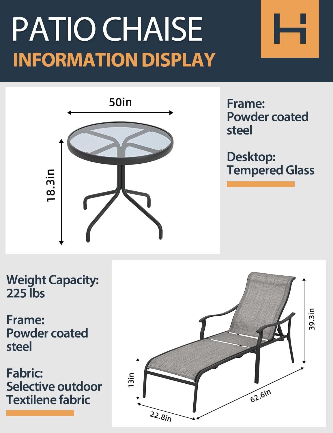 Gray 3-Piece Adjustable Iron Chaise Lounge Set with Glass Table