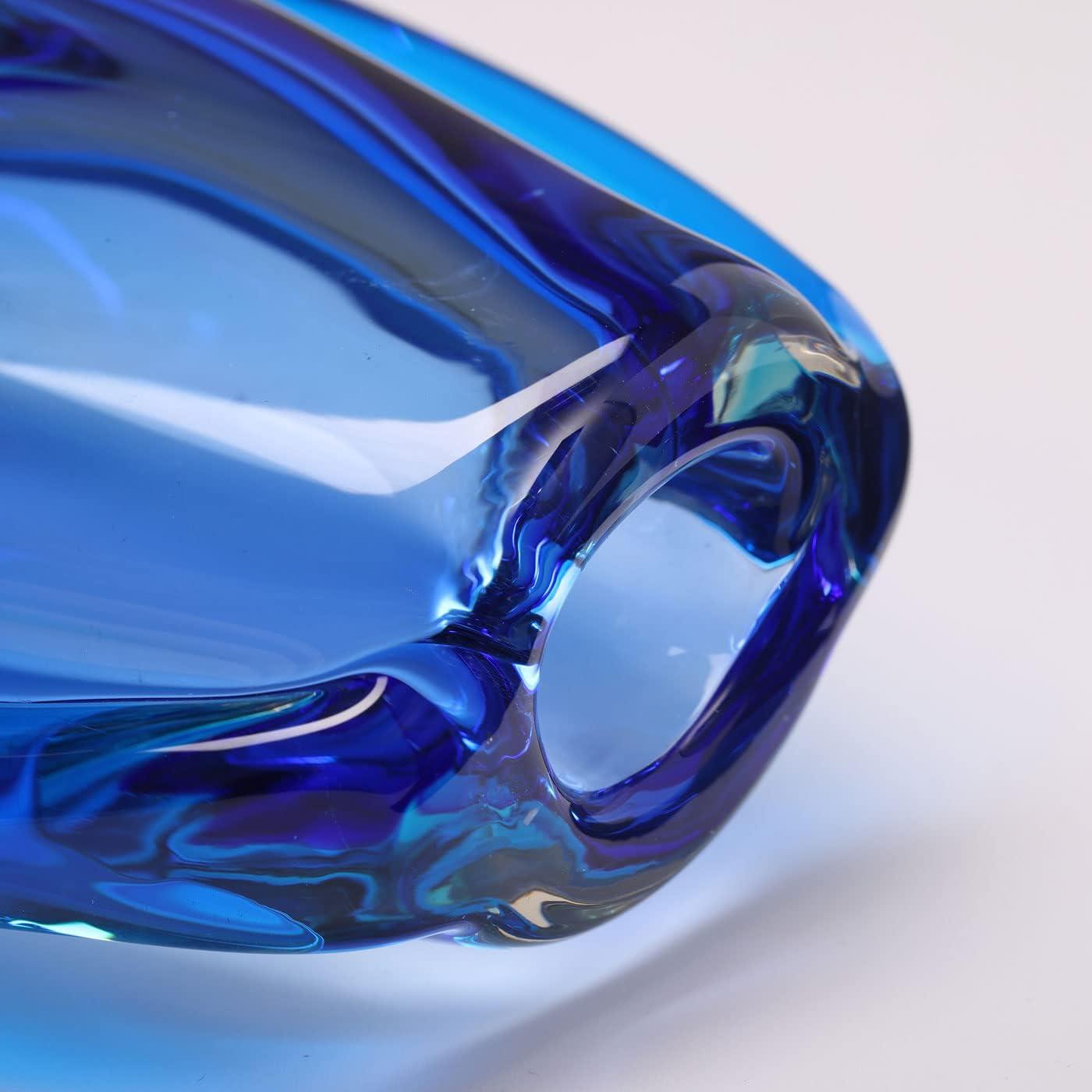 Luxury Lane Hand Blown Sommerso Oval Art Glass Vase Blue 10"H