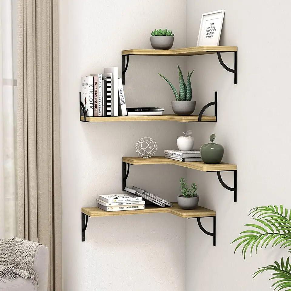 Small Modern Light Brown Floating Corner Wall Shelf Set