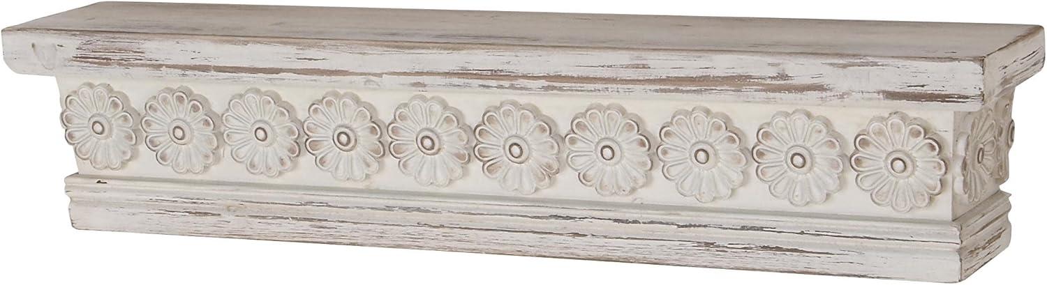 DecMode 28" x 5" Intricate Carved 1-Tier White Floral Wall Shelf