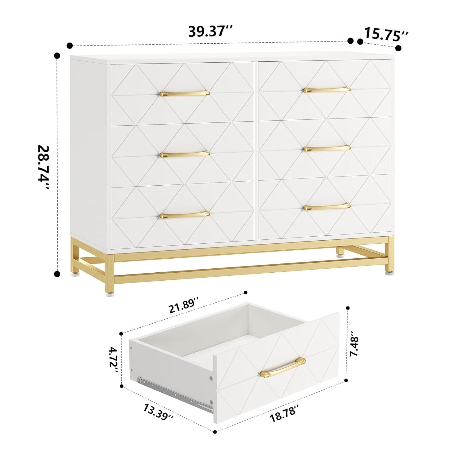 Garvee Dresser for Bedroom with 6 Drawer, Wood Dressers Chest of Drawers with Wide Drawers and Metal Handles for Living Room Hallway Entryway, White