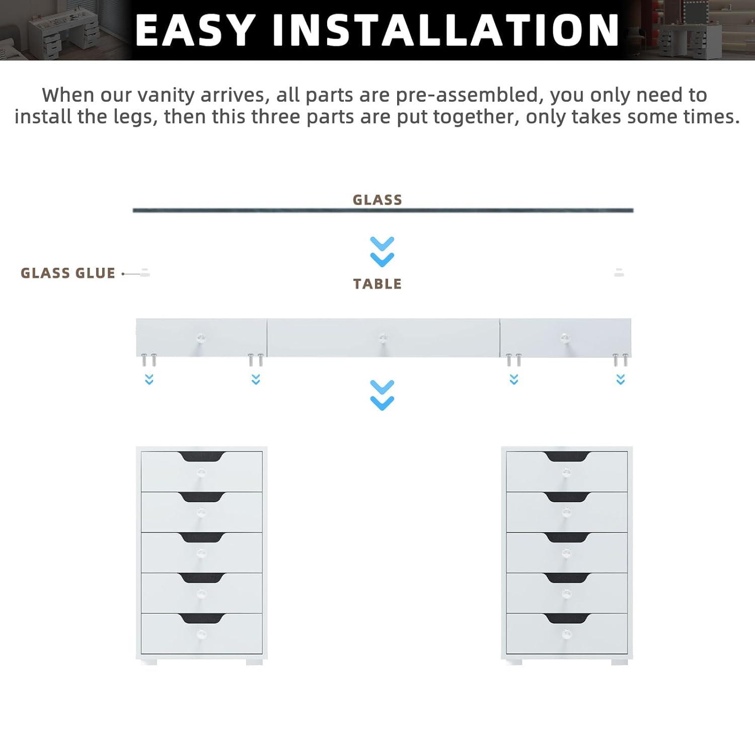 White 60" Vanity Desk with 13 Drawers and LED Lighting