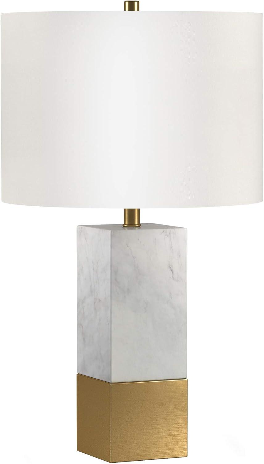 21 in. Marble Table Lamp with Drum Shade, Gold & White