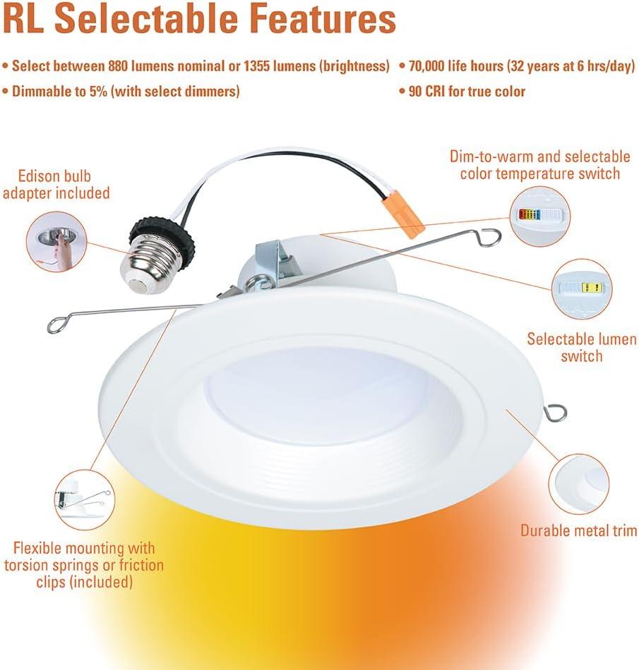 HALO RL Series 5/6 inch Recessed LED Retrofit Light, Selectable CCT 2700K-5000K Integrated LED, Dim to Warm, White Retrofit Baffle Trim, 600 Lumens