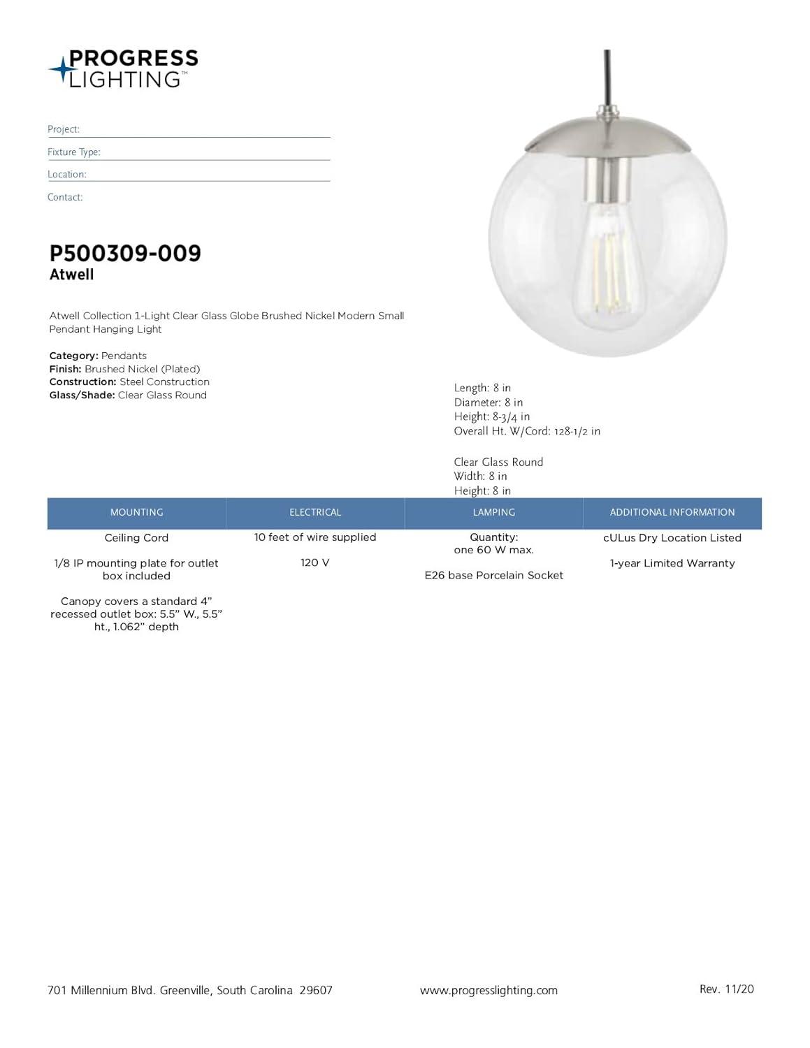 Progress Lighting Atwell 1-Light Glass Globe Pendant, Brushed Nickel, Clear Glass Shade