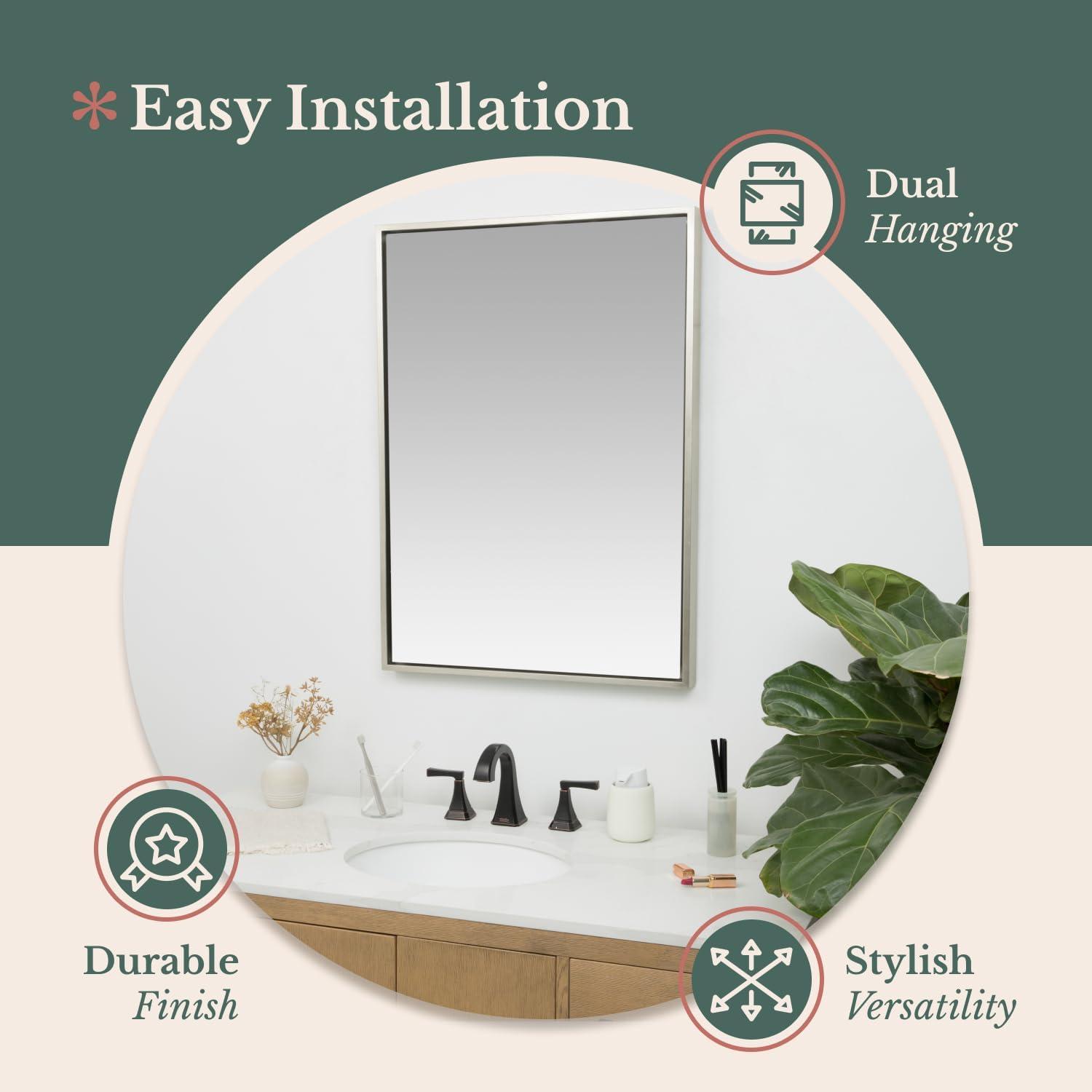 Hamilton Hills 24x36"" Brushed Silver Wall Mirror | Rectangular Metal Frame Vanity Glass