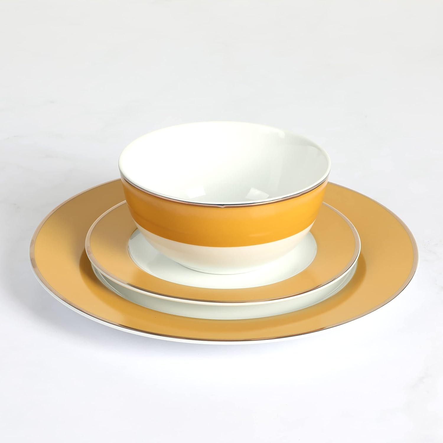 Gold Rimmed Yellow Porcelain Dinnerware Set, Service for 4