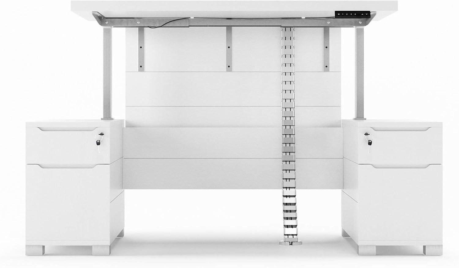 White Adjustable Height Desk with Filing Cabinets and Drawers