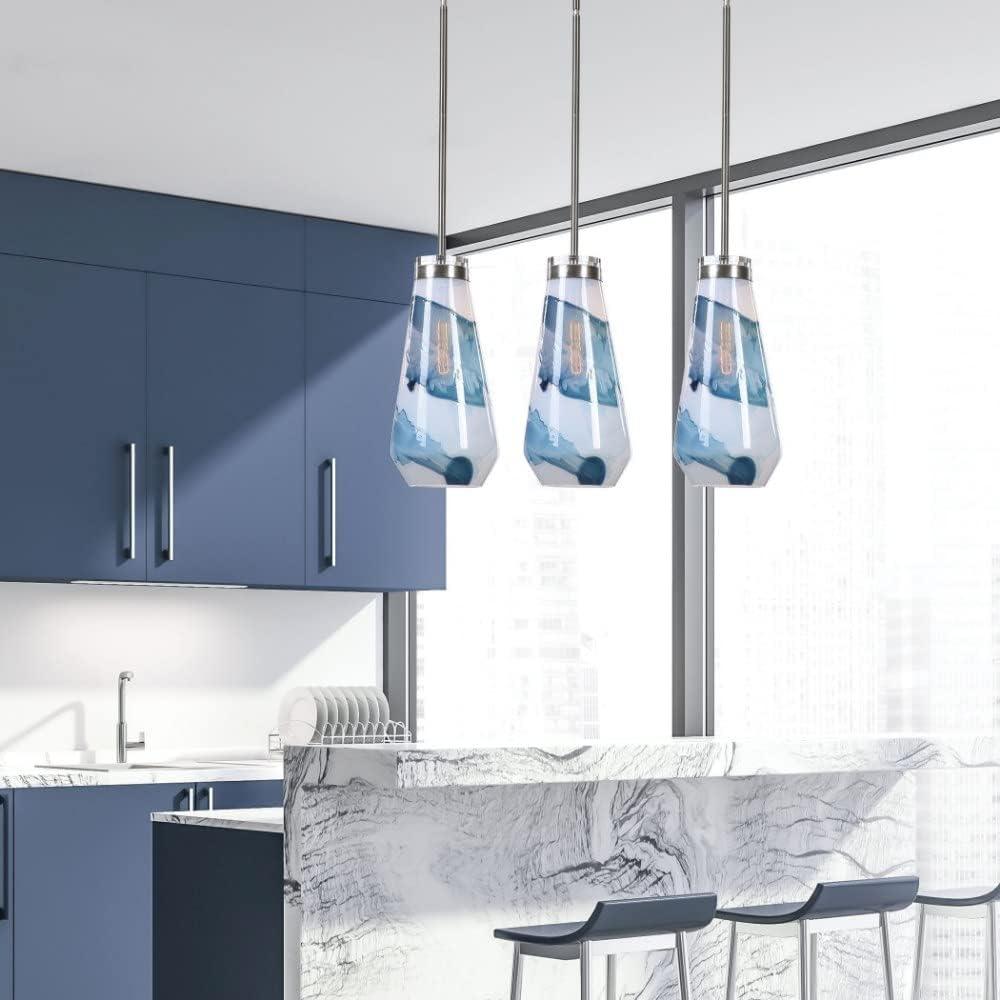 Brushed Nickel Mini Pendant Light with Blue Glass Shade