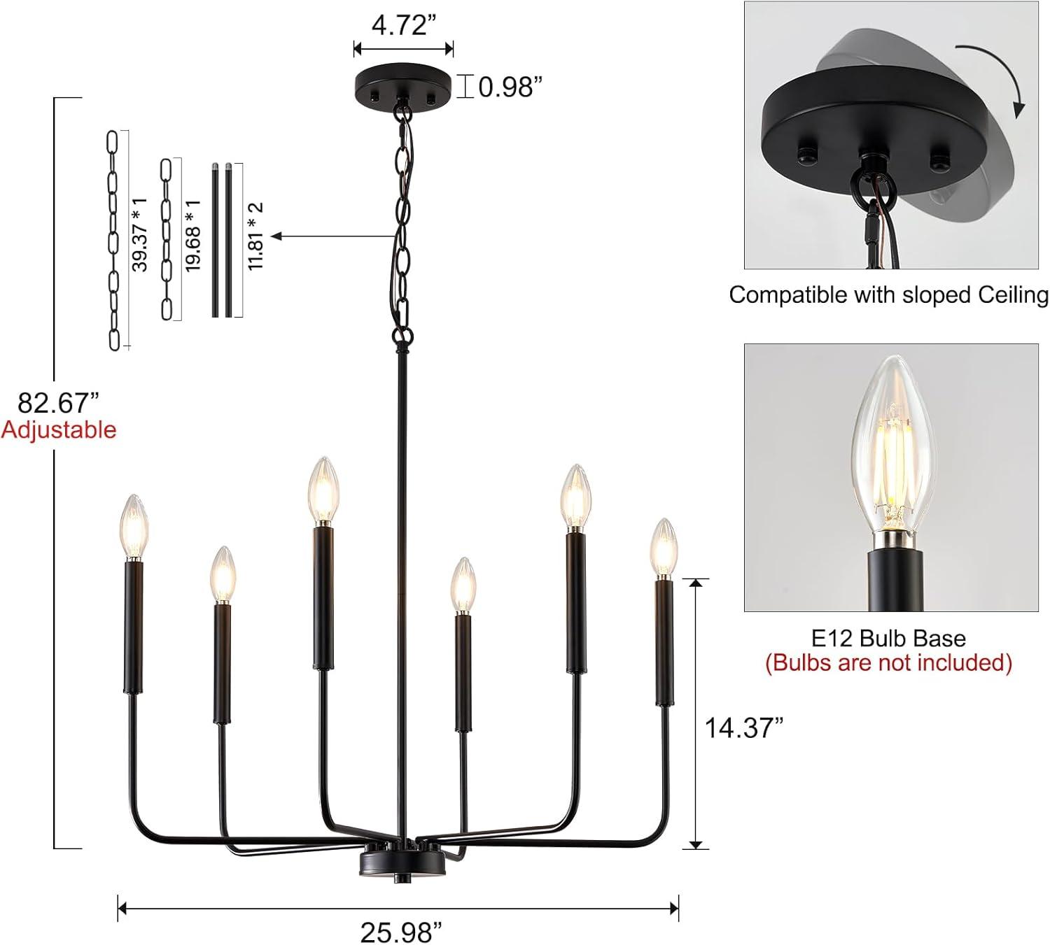 Modern Black Chandelier for Dining Room,Metal 6-Light Kitchen Light Fixtures,Farmhouse Candle Hanging Pendant Light for Living Room Entryway Foyer Bedroom (Bulbs Not Included)