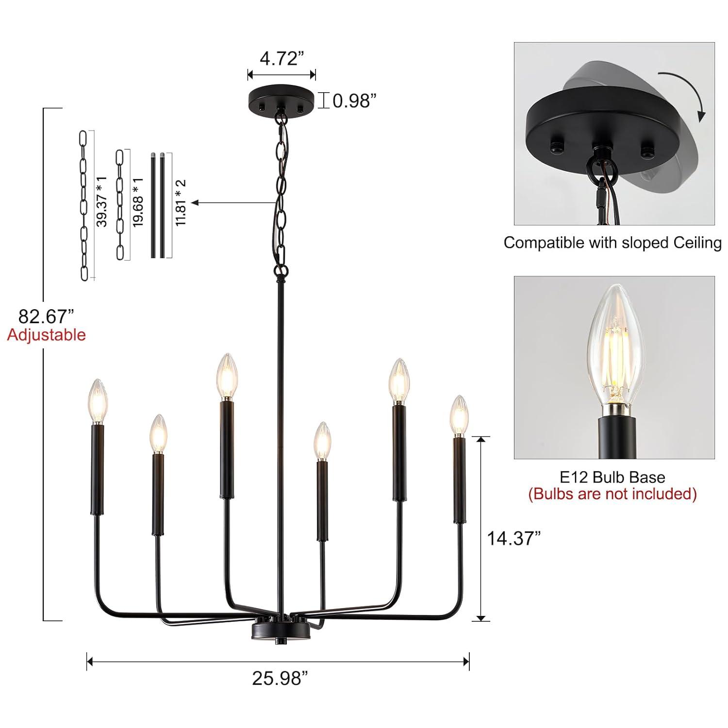 Modern Black Chandelier for Dining Room,Metal 6-Light Kitchen Light Fixtures,Farmhouse Candle Hanging Pendant Light for Living Room Entryway Foyer Bedroom (Bulbs Not Included)