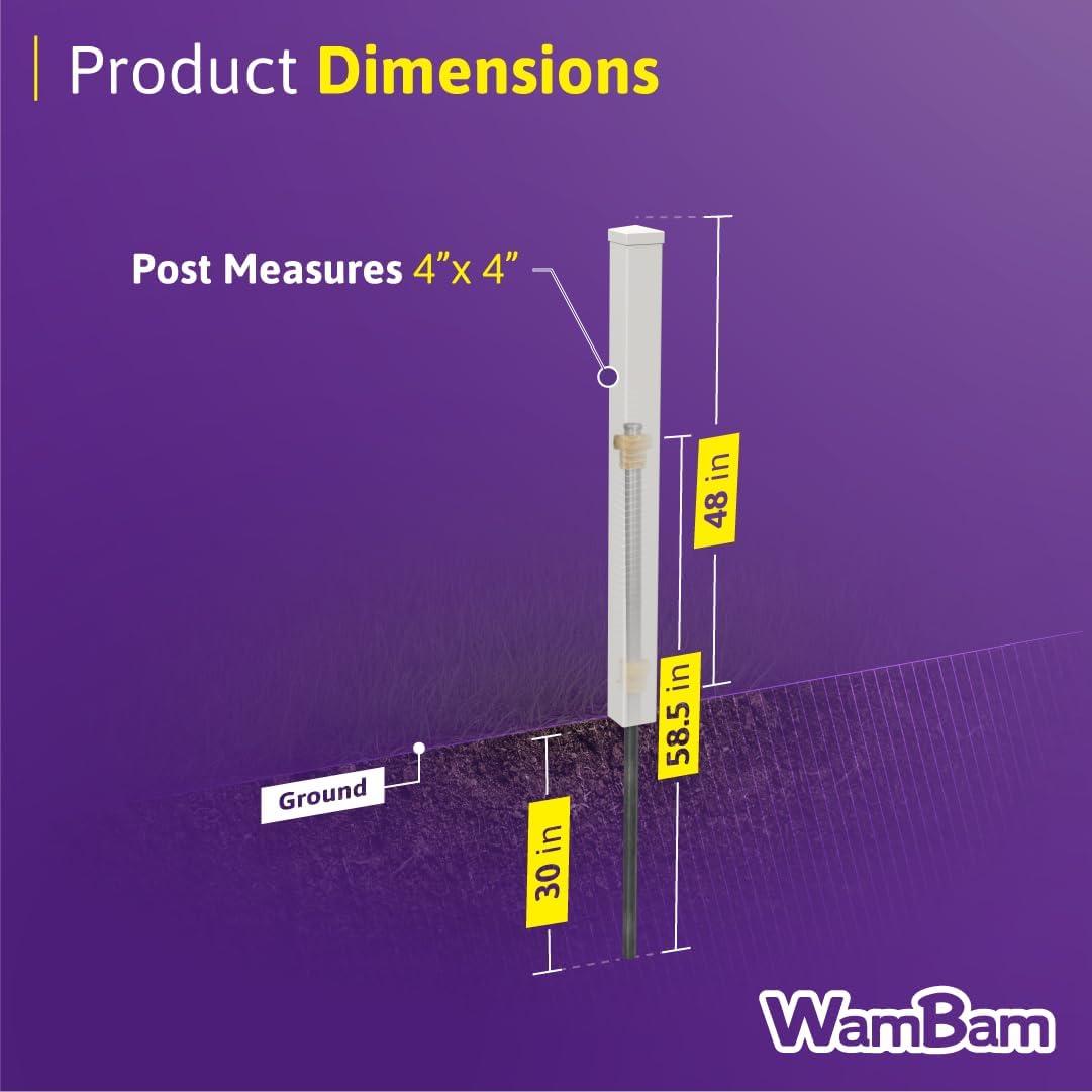 WamBam No-Dig Fence 5ft H (1 Fence Post) No Dig WamBam Windsor Finishing Post with Steel Pipe Anchor Kit, Permanent White Vinyl Post for Windsor Fence Panels and Gate Kit, Perfect for Yard, Pool or Dog Fence BL19109