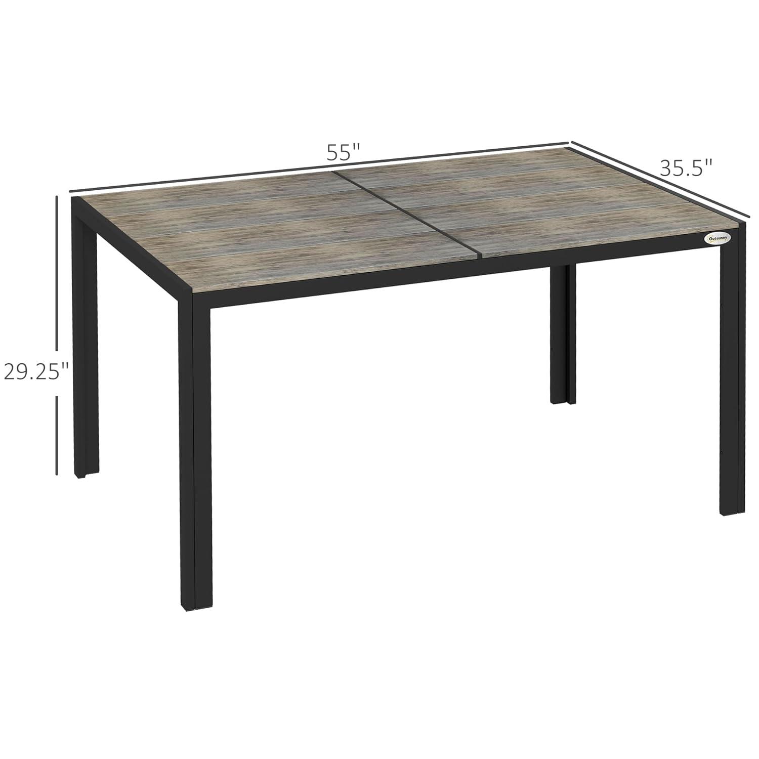 Outsunny Outdoor Dining Table for 6 People, Aluminum Rectangular Patio Table with Faux Wood Tabletop for Backyard, Lawn, 55" x 35.5", Gray