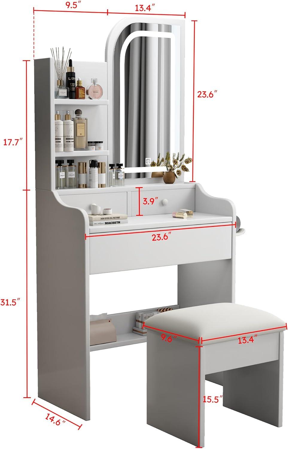 Small Vanity Desk Set with Power Outlet, Mini White Makeup Vanity with Mirror and Lights, Cute Dressing Table with Stool for Small Space